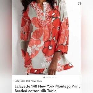 LAFAYETTE 148 NEW YORK MONTEGO  FLORAL PRINT BEADED COTTON/SILK TUNIC. SIZE 10.